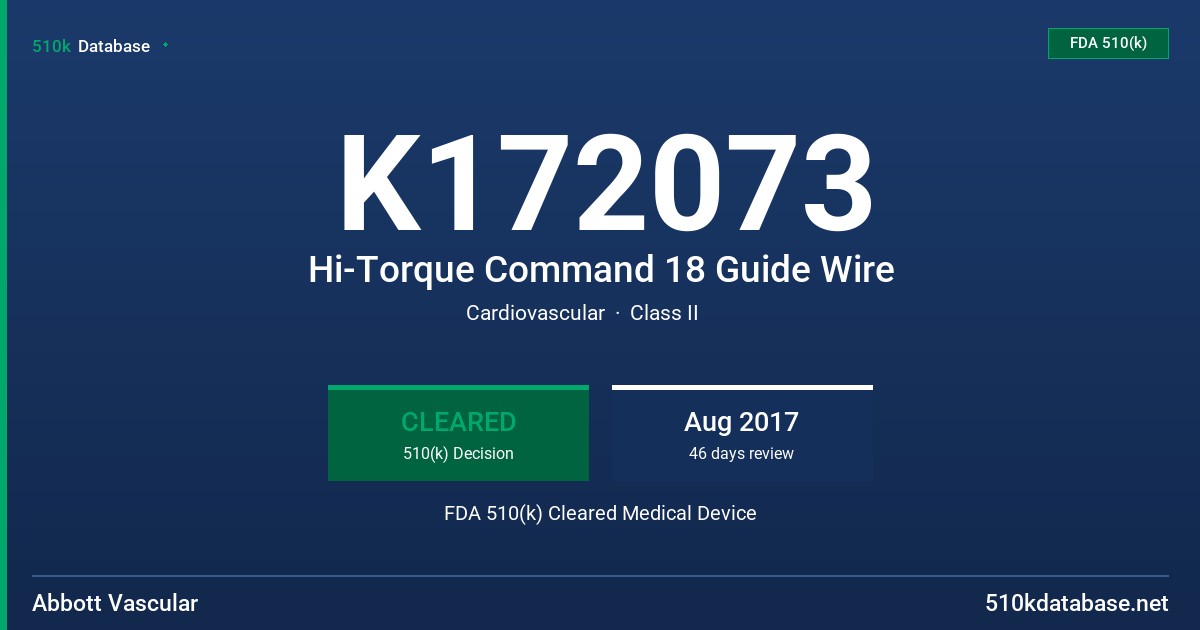 K172073 Hi-Torque Command 18 Guide Wire FDA 510(k) Cleared Medical Device