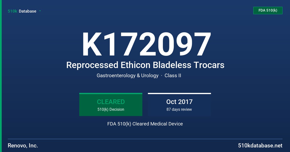 K172097 Reprocessed Ethicon Bladeless Trocars FDA 510(k) Cleared Medical Device