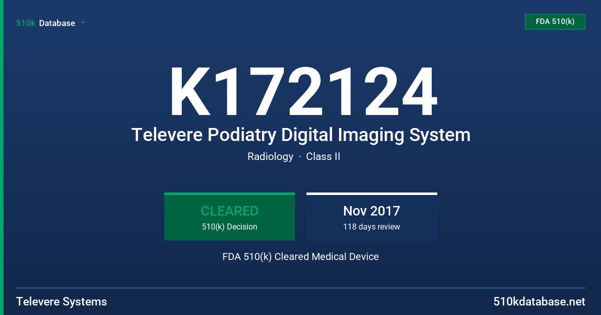 K172124 Televere Podiatry Digital Imaging System FDA 510(k) Cleared Medical Device