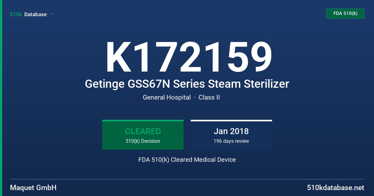 K172159 Getinge GSS67N Series Steam Sterilizer FDA 510(k) Cleared Medical Device