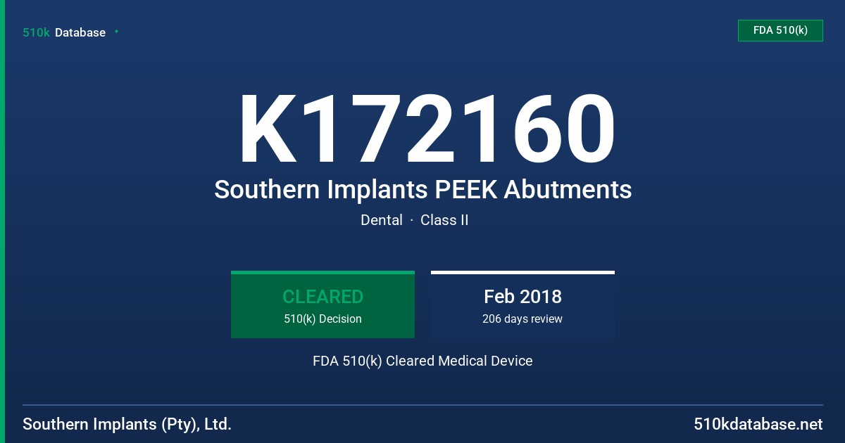 K172160 Southern Implants PEEK Abutments FDA 510(k) Cleared Medical Device