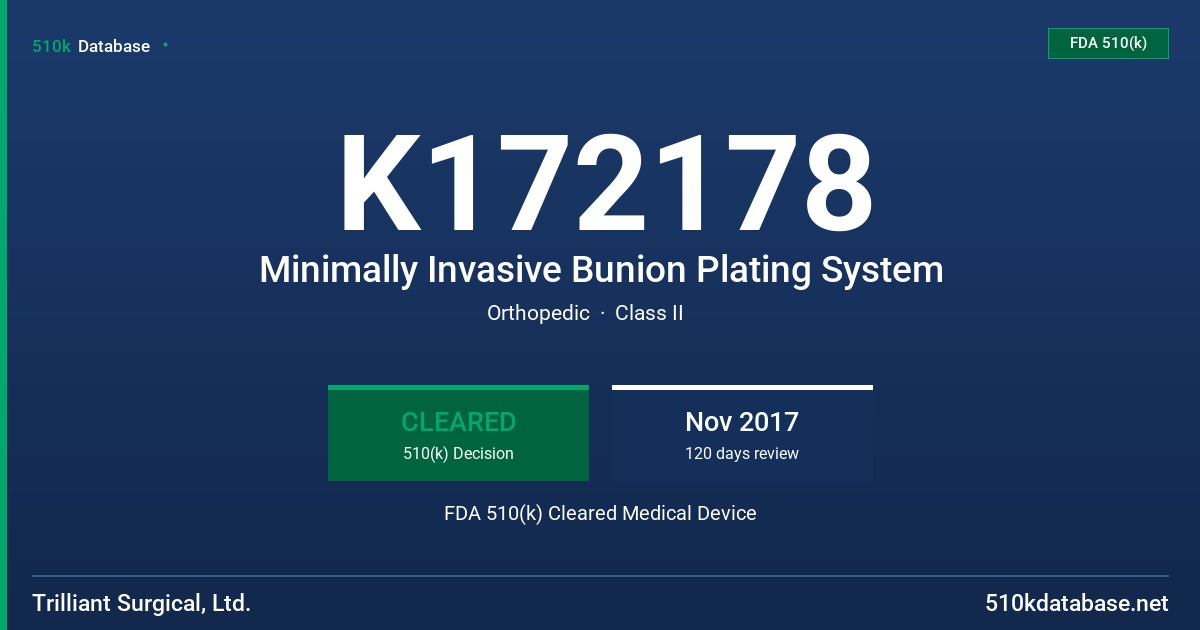 K172178 Minimally Invasive Bunion Plating System FDA 510(k) Cleared Medical Device