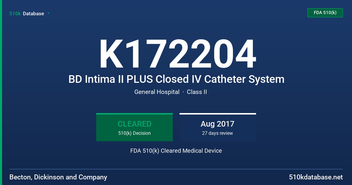 K172204 BD Intima II PLUS Closed IV Catheter System FDA 510(k) Cleared Medical Device