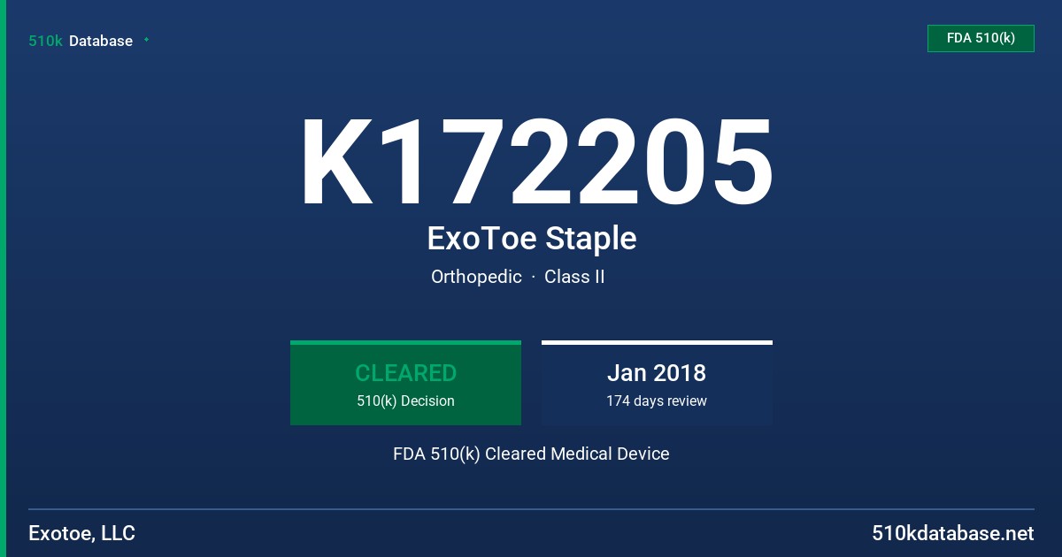 K172205 ExoToe Staple FDA 510(k) Cleared Medical Device