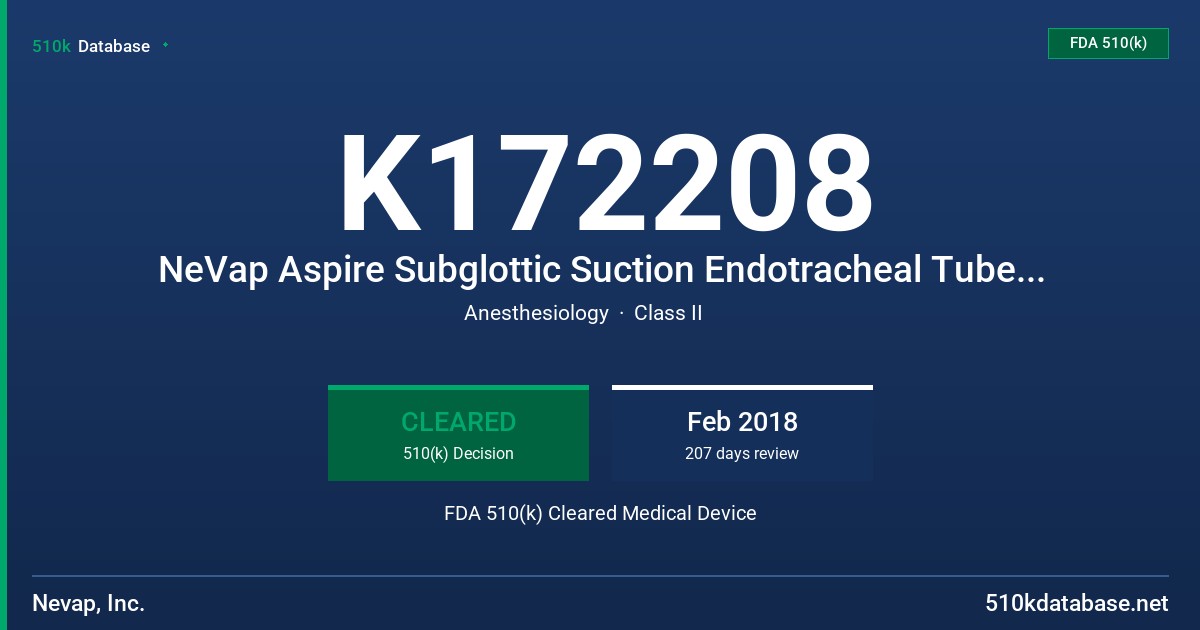 K172208 NeVap Aspire Subglottic Suction Endotracheal Tube (ASSET) with Preloaded Stylet FDA 510(k) Cleared Medical Device