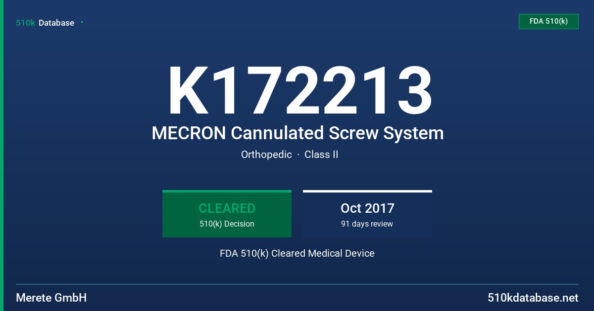 K172213 MECRON Cannulated Screw System FDA 510(k) Cleared Medical Device