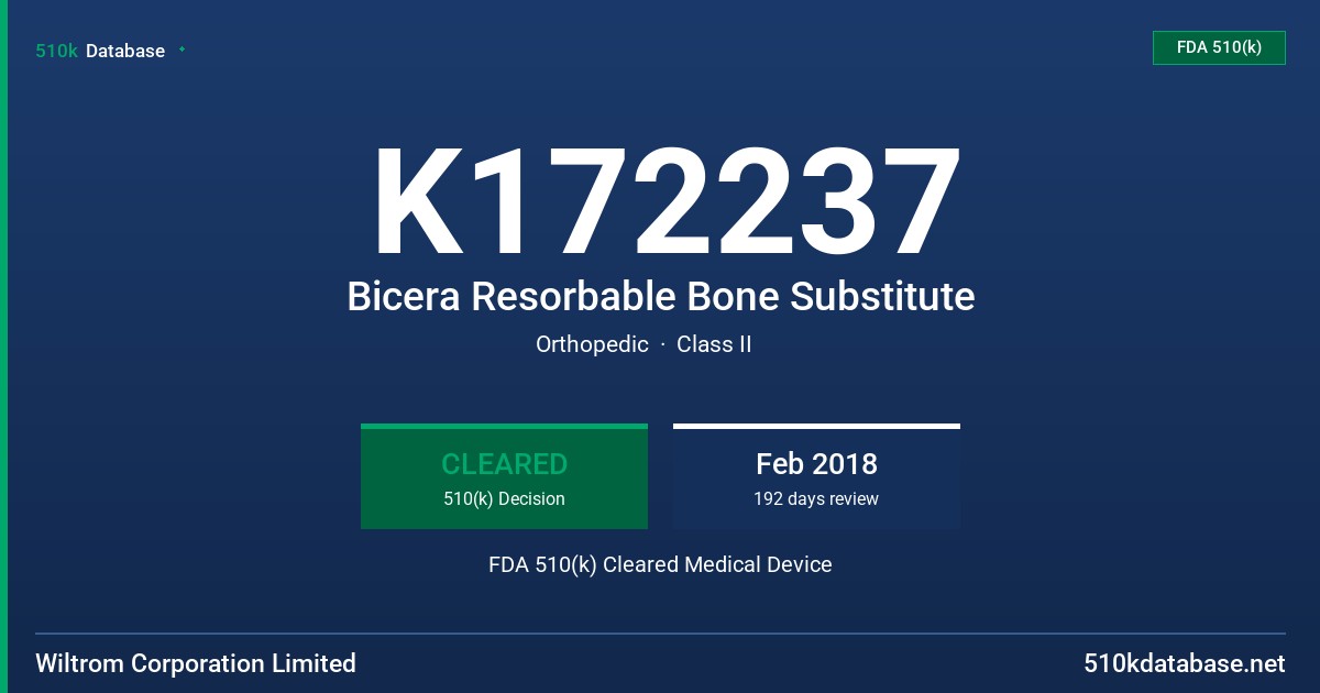 K172237 Bicera Resorbable Bone Substitute FDA 510(k) Cleared Medical Device