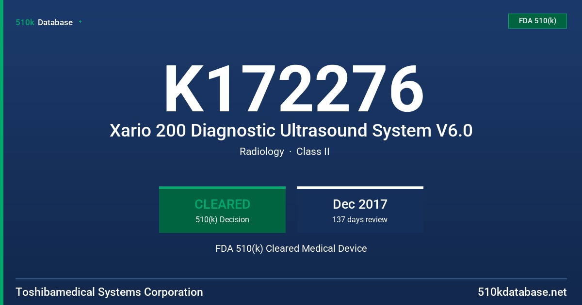 K172276 Xario 200 Diagnostic Ultrasound System V6.0 FDA 510(k) Cleared Medical Device