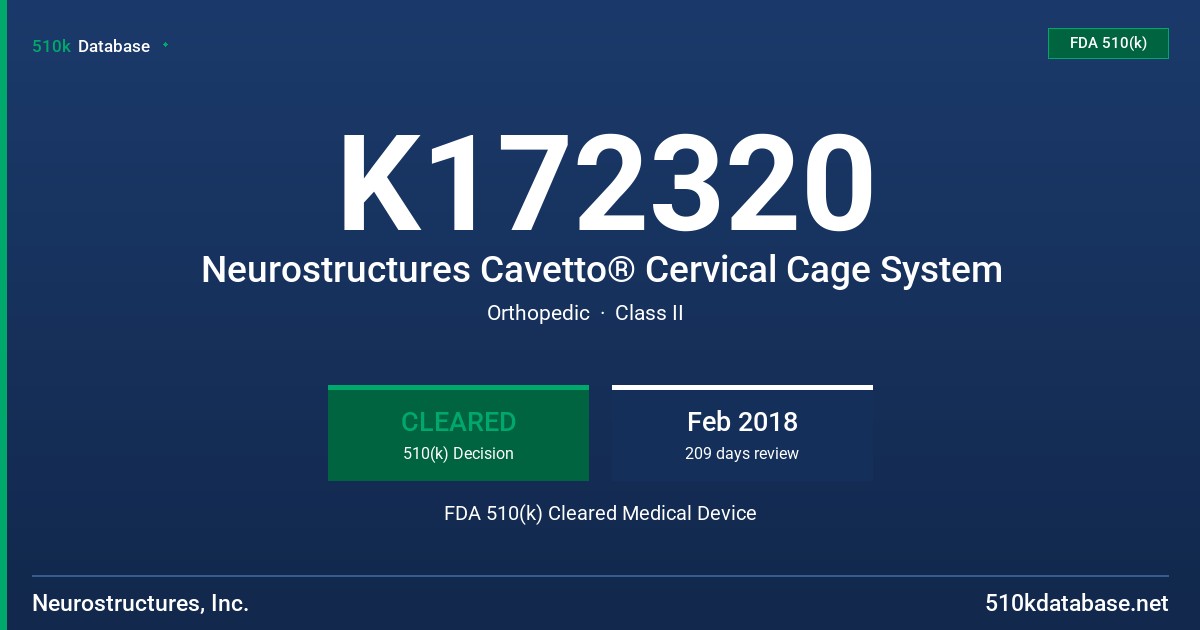K172320 Neurostructures Cavetto® Cervical Cage System FDA 510(k) Cleared Medical Device