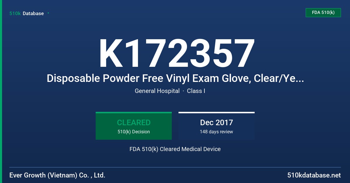 K172357 Disposable Powder Free Vinyl Exam Glove, Clear/Yellow FDA 510(k) Cleared Medical Device