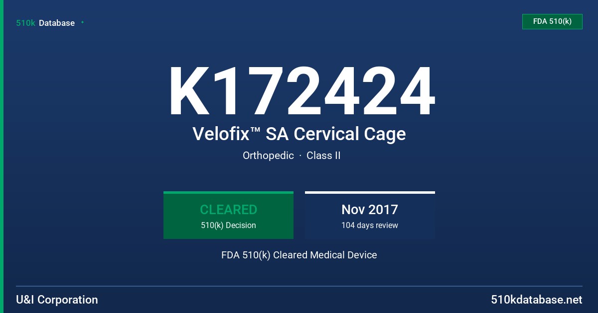 K172424 Velofix™ SA Cervical Cage FDA 510(k) Cleared Medical Device