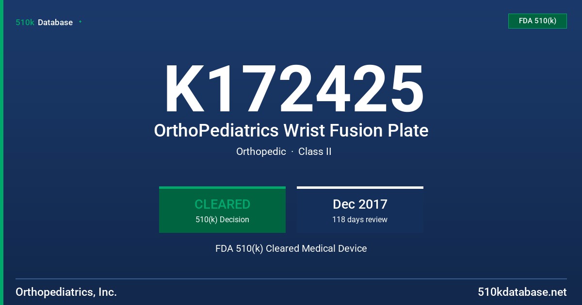 K172425 OrthoPediatrics Wrist Fusion Plate FDA 510(k) Cleared Medical Device