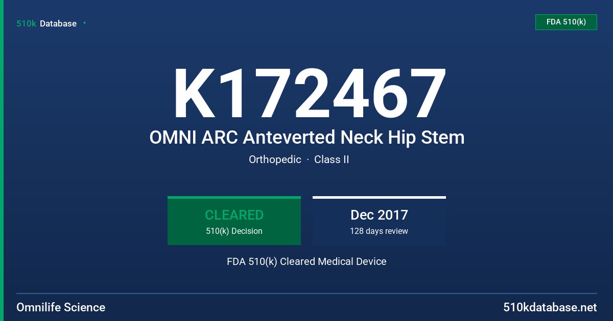 K172467 OMNI ARC Anteverted Neck Hip Stem FDA 510(k) Cleared Medical Device
