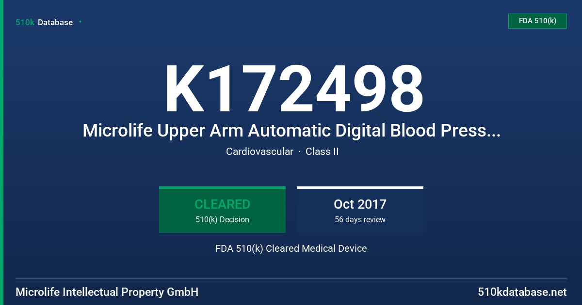 K172498 Microlife Upper Arm Automatic Digital Blood Pressure Monitor, Model BP3MW1-4Y FDA 510(k) Cleared Medical Device