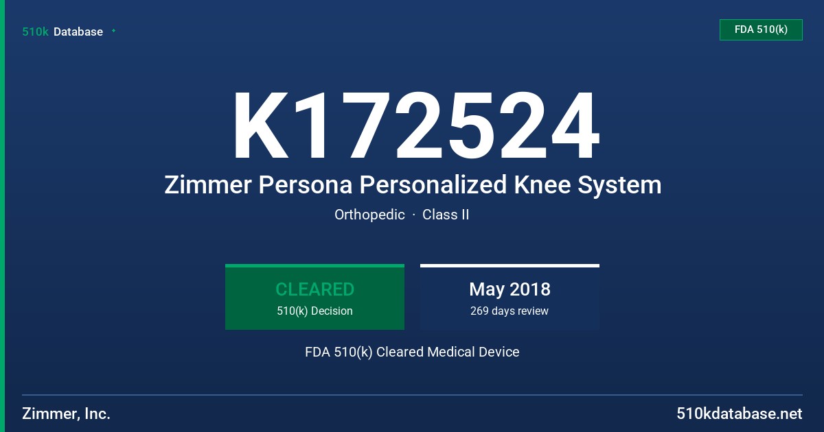 K172524 Zimmer Persona Personalized Knee System FDA 510(k) Cleared Medical Device