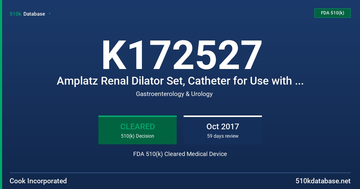 K172527 Amplatz Renal Dilator Set, Catheter for Use with Amplatz Renal Dilator Set, Amplatz Dilator, Amplatz Renal Introducer, Amplatz Radiopaque TFE Sheath, Clear Amplatz Sheath with Radiopaque Stripe FDA 510(k) Cleared Medical Device