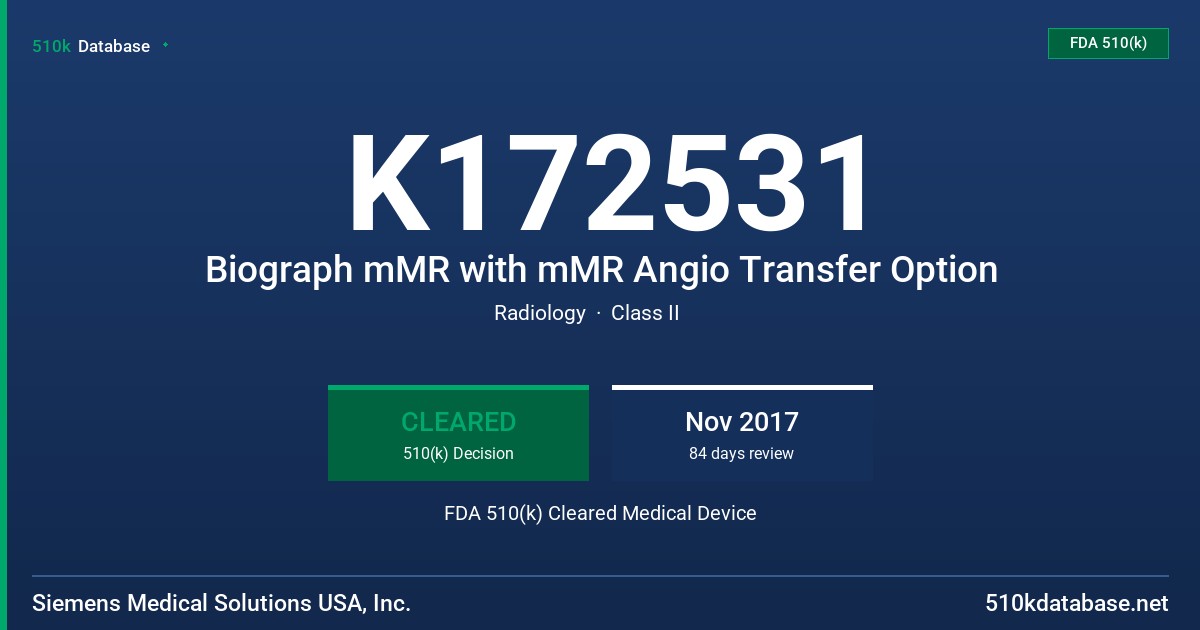 K172531 Biograph mMR with mMR Angio Transfer Option FDA 510(k) Cleared Medical Device