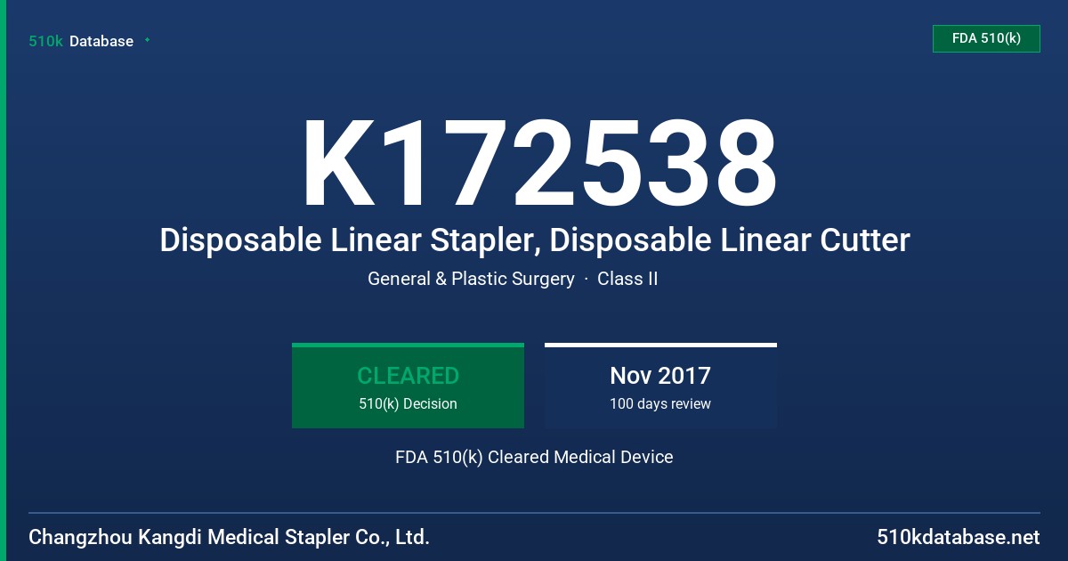 K172538 Disposable Linear Stapler, Disposable Linear Cutter FDA 510(k) Cleared Medical Device