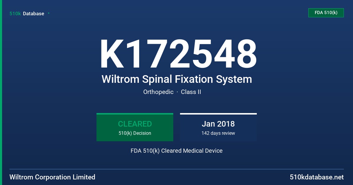 K172548 Wiltrom Spinal Fixation System FDA 510(k) Cleared Medical Device