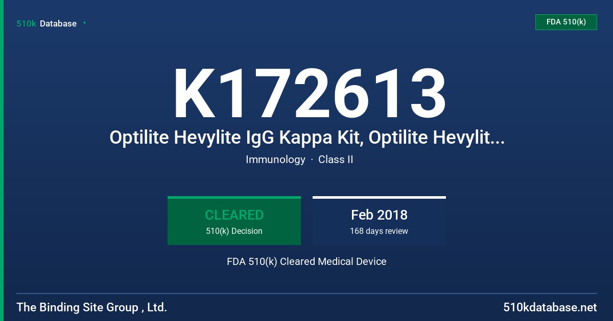 K172613 Optilite Hevylite IgG Kappa Kit, Optilite Hevylite IgG Lambda Kit FDA 510(k) Cleared Medical Device