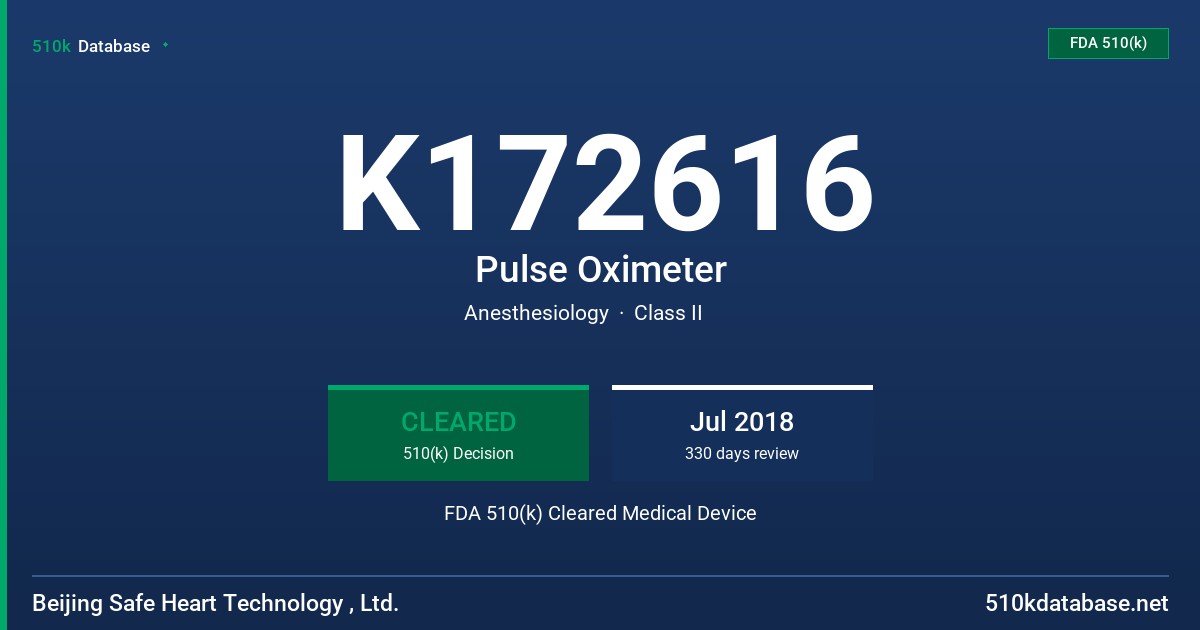 K172616 Pulse Oximeter FDA 510(k) Cleared Medical Device