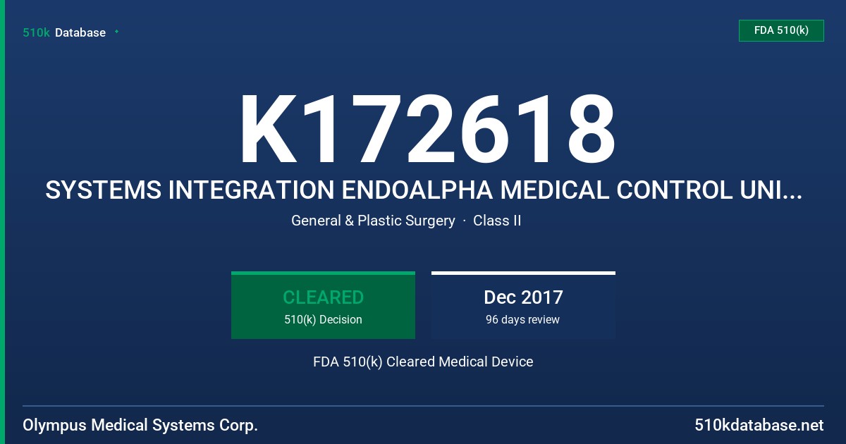 K172618 SYSTEMS INTEGRATION ENDOALPHA MEDICAL CONTROL UNIT FOR ENDOSURGERY UCES-4 Software Version 1 FDA 510(k) Cleared Medical Device
