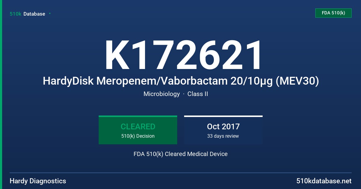 K172621 HardyDisk Meropenem/Vaborbactam 20/10µg (MEV30) FDA 510(k) Cleared Medical Device