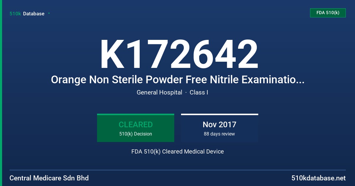 K172642 Orange Non Sterile Powder Free Nitrile Examination Gloves FDA 510(k) Cleared Medical Device