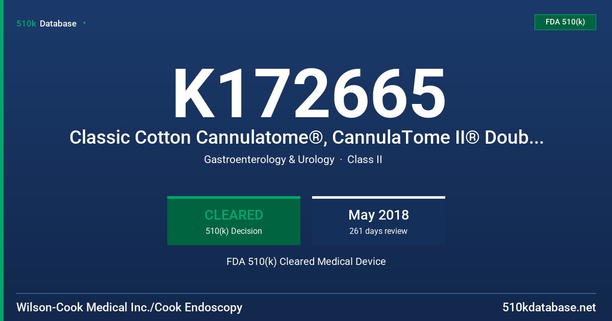 K172665 Classic Cotton Cannulatome®, CannulaTome II® Double Lumen Sphincterotome, Cotton CannulaTome II® PC, UTS® Ultra Taper Sphincterotome, Tri-Tome pc® Triple Lumen Sphincterotome, Howell D.A.S.H.® Sphincterotome with DomeTip®, Billroth II Sphincterotome, Soehendra® BII Sphincterotome, Models ACU-1 and ACU-1-VL active cords FDA 510(k) Cleared Medical Device