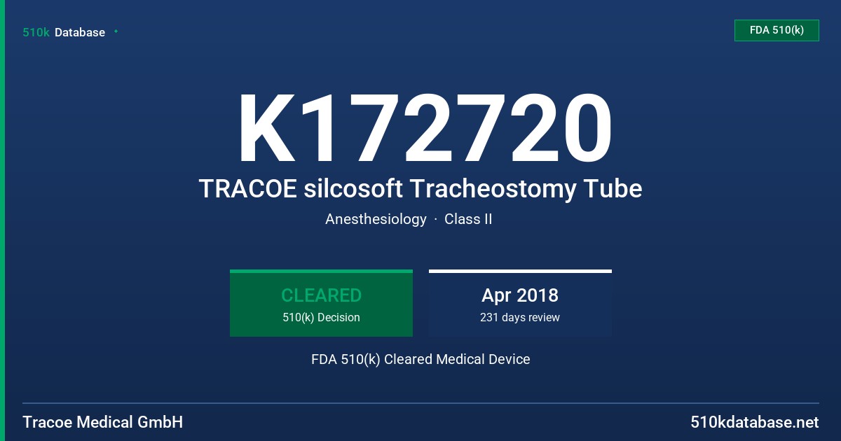 K172720 TRACOE silcosoft Tracheostomy Tube FDA 510(k) Cleared Medical Device