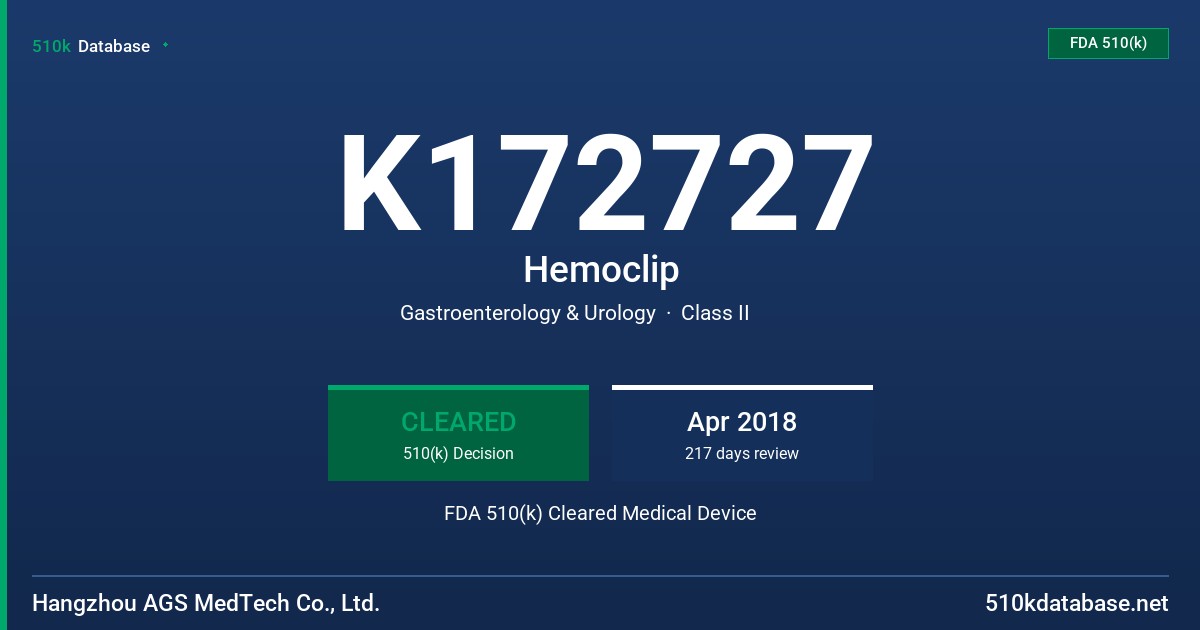 K172727 Hemoclip FDA 510(k) Cleared Medical Device