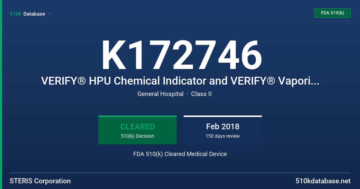 K172746 VERIFY® HPU Chemical Indicator and VERIFY® Vaporized VH2O2 Process Indicator Adhesive Label FDA 510(k) Cleared Medical Device