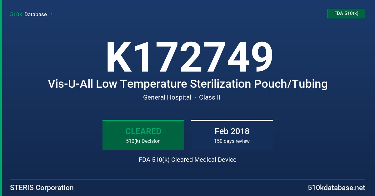 K172749 Vis-U-All Low Temperature Sterilization Pouch/Tubing FDA 510(k) Cleared Medical Device