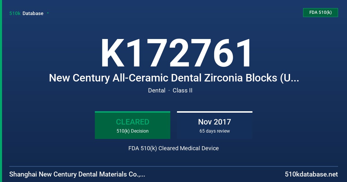 K172761 New Century All-Ceramic Dental Zirconia Blocks (Un-Shaded & Pre-Shaded) FDA 510(k) Cleared Medical Device