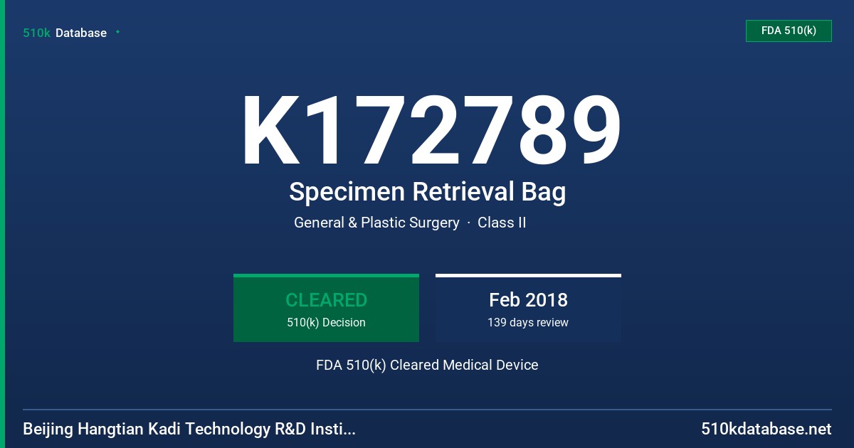 K172789 Specimen Retrieval Bag FDA 510(k) Cleared Medical Device