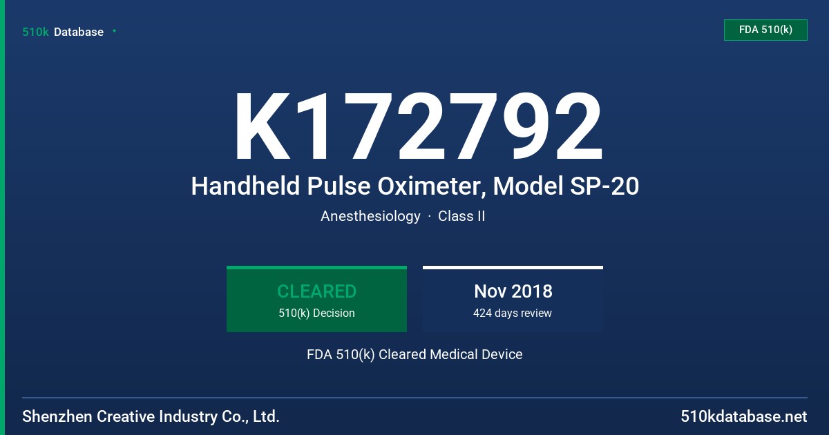K172792 Handheld Pulse Oximeter, Model SP-20 FDA 510(k) Cleared Medical Device