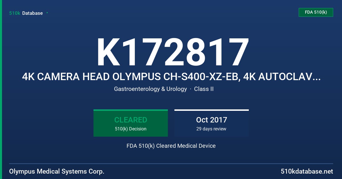 K172817 4K CAMERA HEAD OLYMPUS CH-S400-XZ-EB, 4K AUTOCLAVABLE CAMERA HEAD OLYMPUS CH-S400-XZ-EA FDA 510(k) Cleared Medical Device