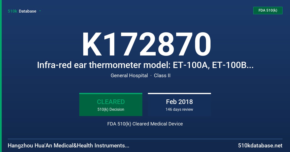 K172870 Infra-red ear thermometer model: ET-100A, ET-100B, ET-100D, ET-100E, ET-100G, ET-100I, ET-100J FDA 510(k) Cleared Medical Device