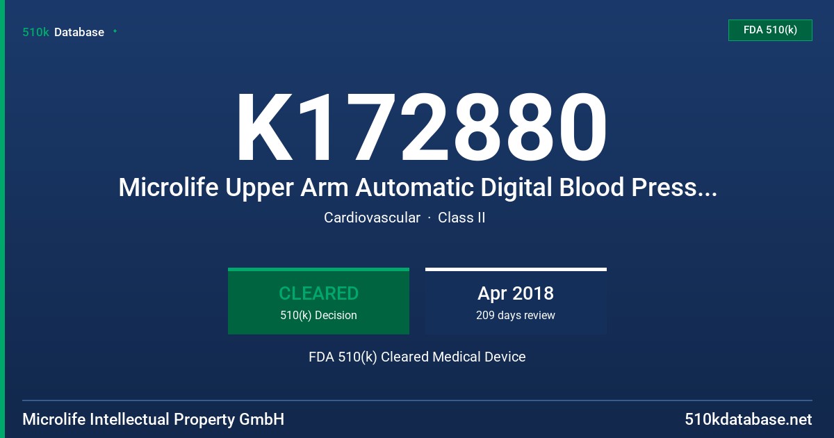 K172880 Microlife Upper Arm Automatic Digital Blood Pressure Monitor FDA 510(k) Cleared Medical Device