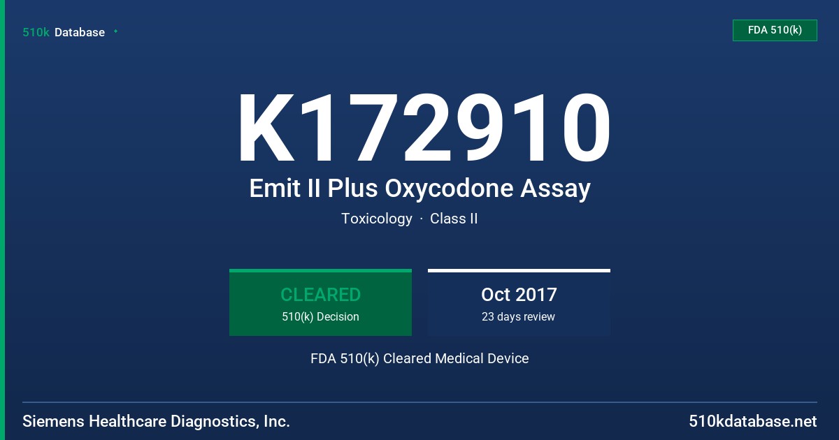 K172910 Emit II Plus Oxycodone Assay FDA 510(k) Cleared Medical Device