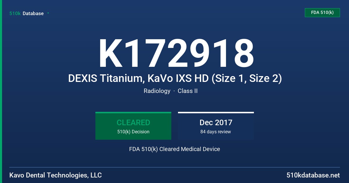 K172918 DEXIS Titanium, KaVo IXS HD (Size 1, Size 2) FDA 510(k) Cleared Medical Device