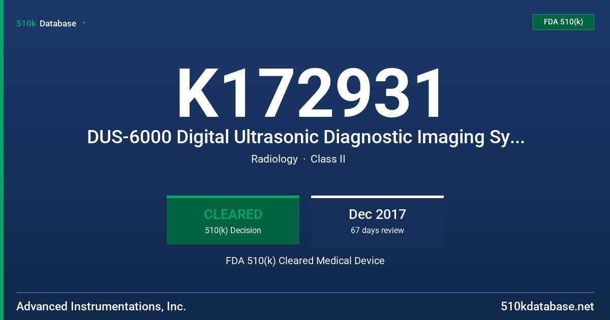 K172931 DUS-6000 Digital Ultrasonic Diagnostic Imaging System FDA 510(k) Cleared Medical Device