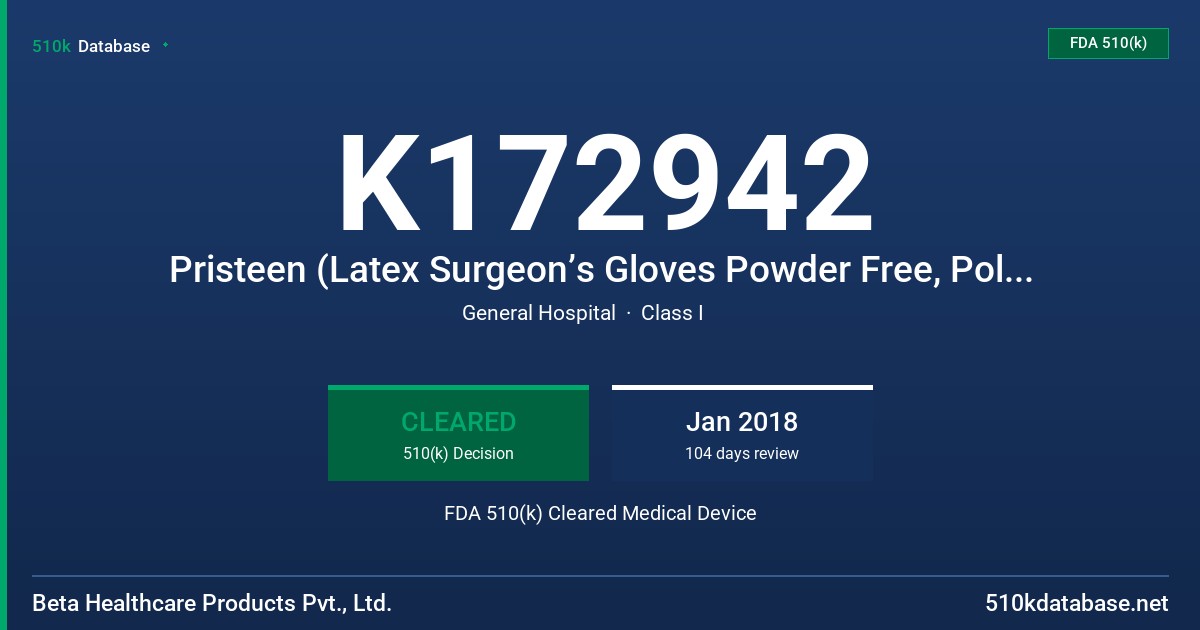 K172942 Pristeen (Latex Surgeon’s Gloves Powder Free, Polymer coated with protein content labeling claim of 50 ug/dm2 or less per glove of extractable protein FDA 510(k) Cleared Medical Device