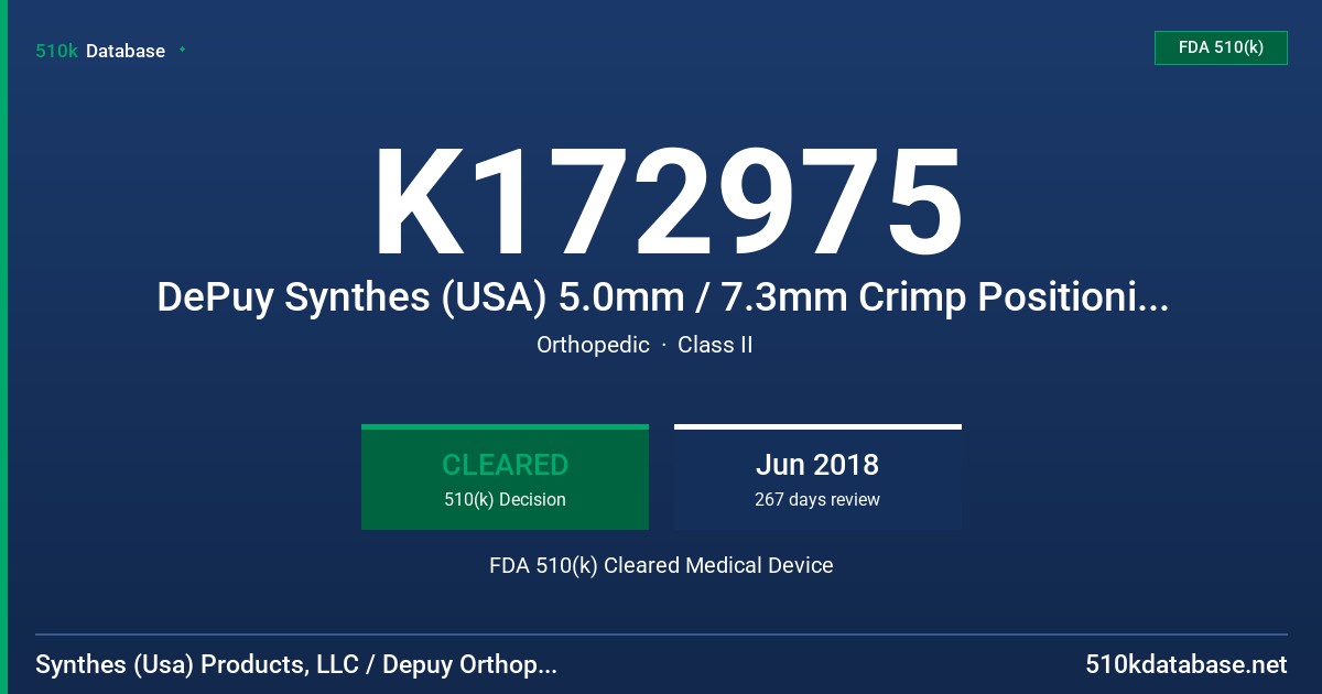 K172975 DePuy Synthes (USA) 5.0mm / 7.3mm Crimp Positioning Pins – MR Conditional, DePuy Synthes Variable Angle Positioning Pins – MR Conditional, DePuy Synthes Wire Mount – MR Conditional, DePuy Synthes Cerclage Positioning Pin – MR Conditional FDA 510(k) Cleared Medical Device