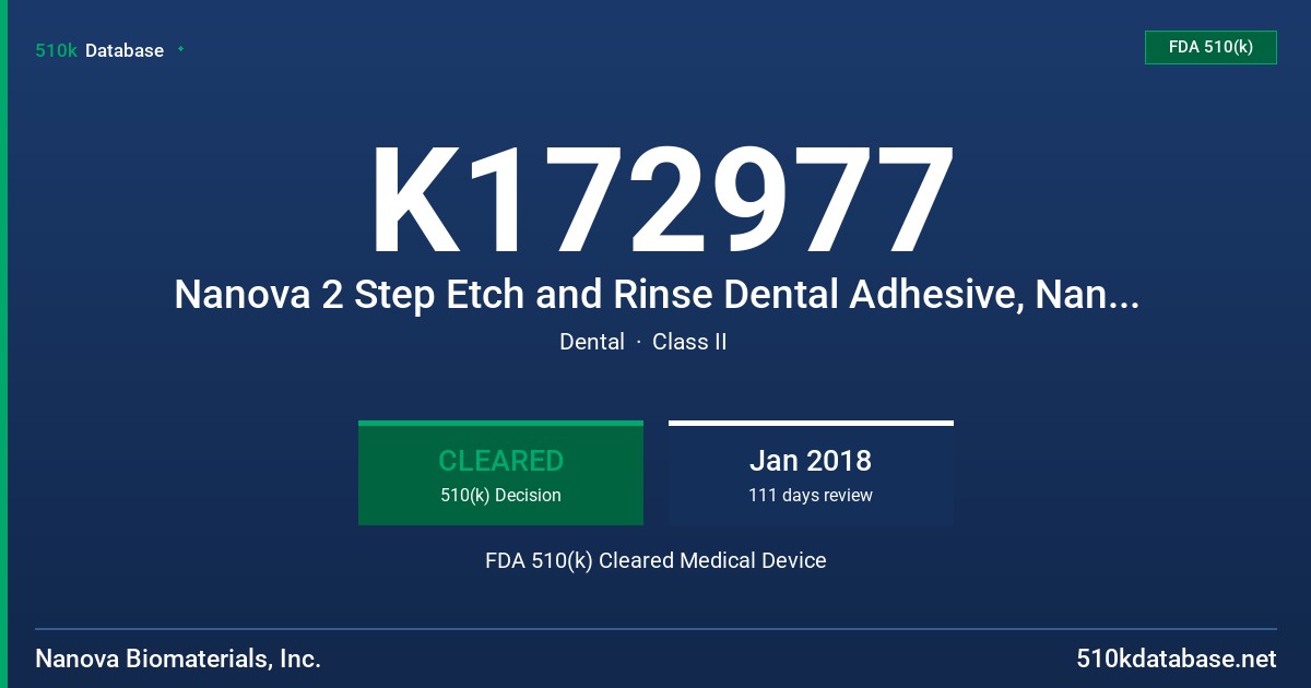 K172977 Nanova 2 Step Etch and Rinse Dental Adhesive, Nanova Etchant Gel FDA 510(k) Cleared Medical Device