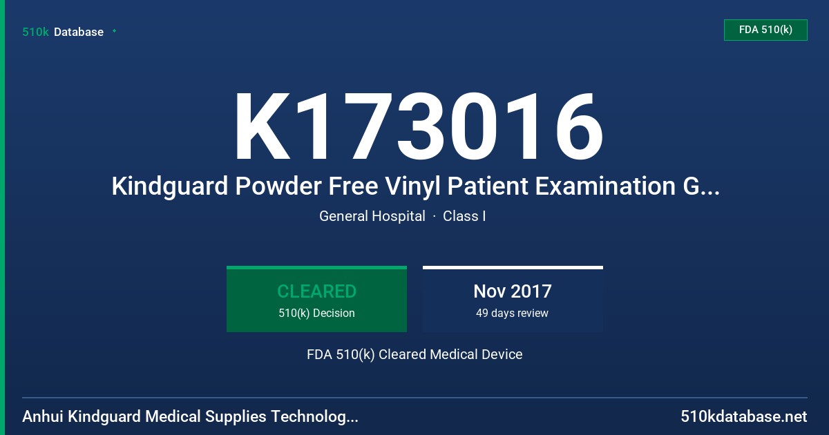K173016 Kindguard Powder Free Vinyl Patient Examination Gloves, Light Yellow Color FDA 510(k) Cleared Medical Device