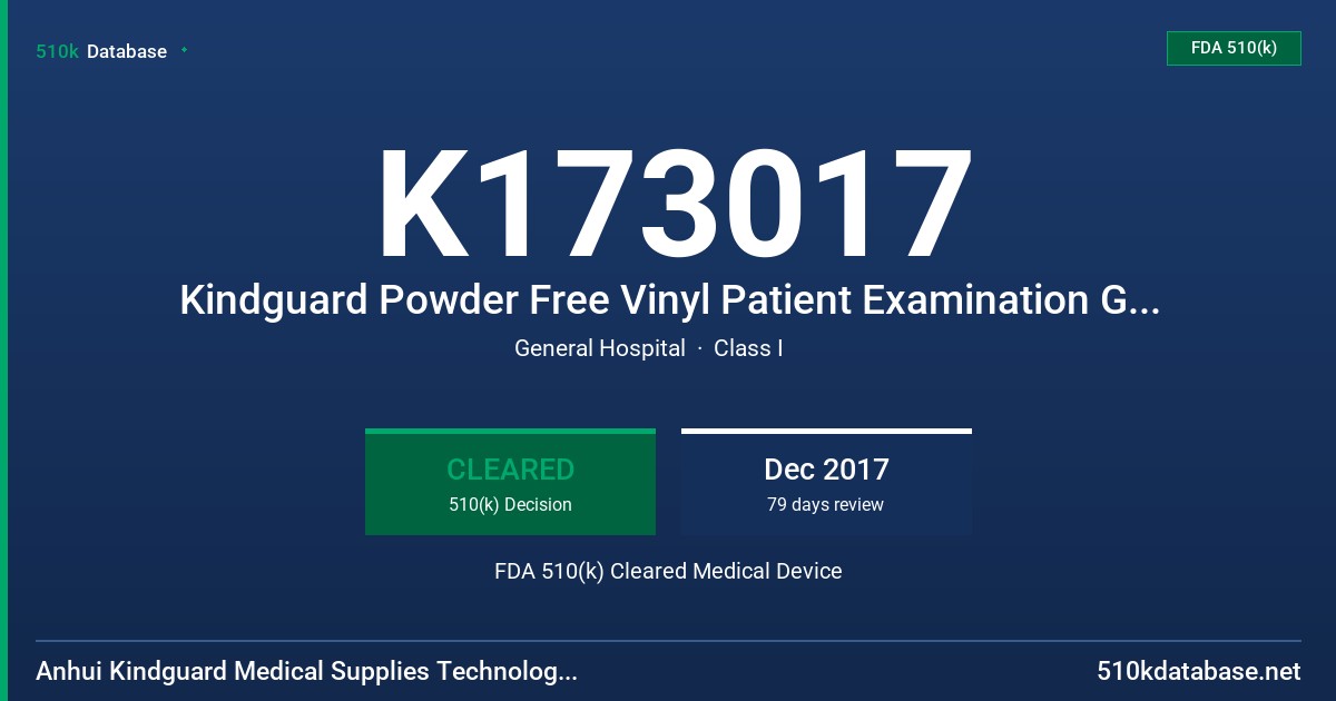 K173017 Kindguard Powder Free Vinyl Patient Examination Gloves, Clear (non-colored) FDA 510(k) Cleared Medical Device