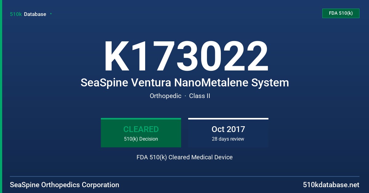 K173022 SeaSpine Ventura NanoMetalene System FDA 510(k) Cleared Medical Device