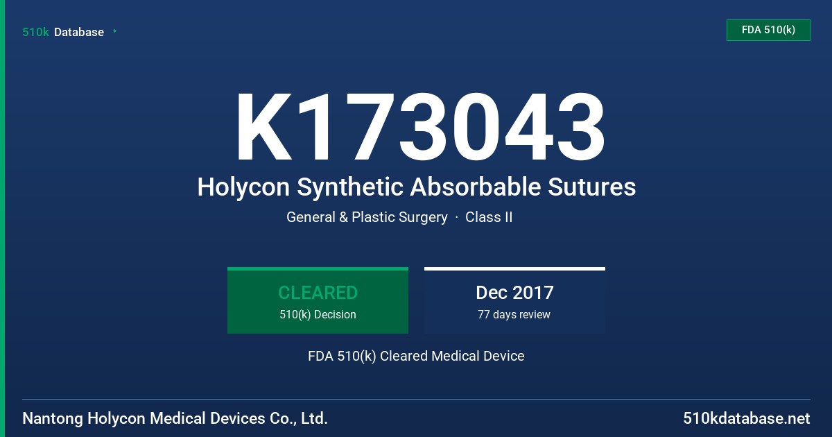 K173043 Holycon Synthetic Absorbable Sutures FDA 510(k) Cleared Medical Device