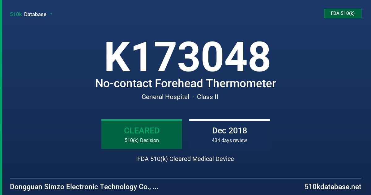 K173048 No-contact Forehead Thermometer FDA 510(k) Cleared Medical Device